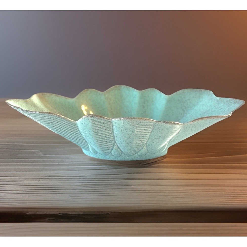 Original California Pottery Planter Console Bowl 487 Aqua Scalloped Edge MCM